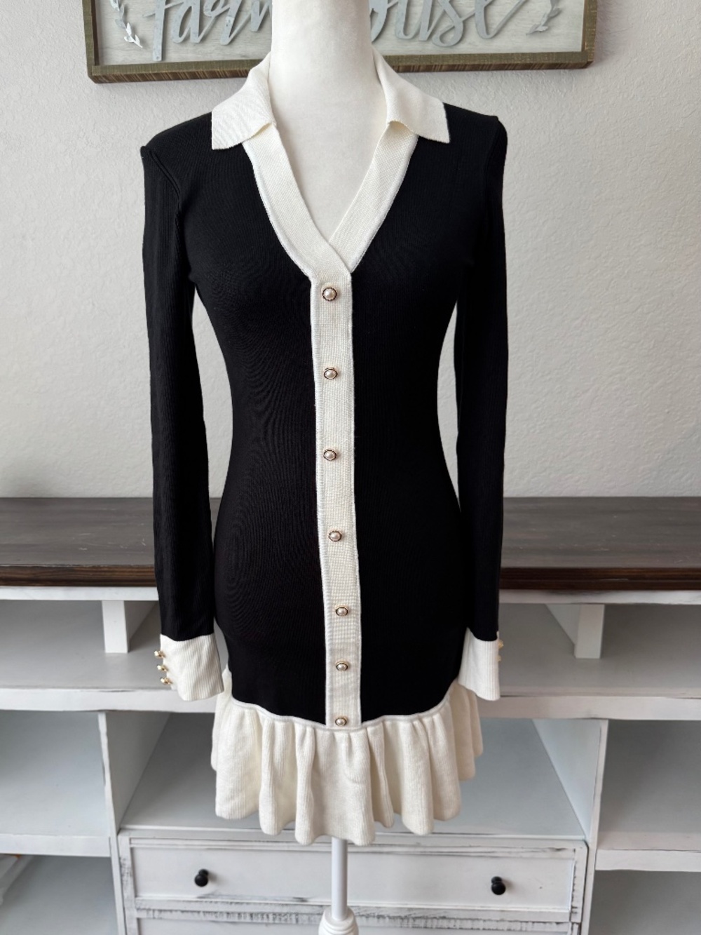 NWT MABLE Black Ivory Contrast Knit Collared Ruffle Mini Dress Size S